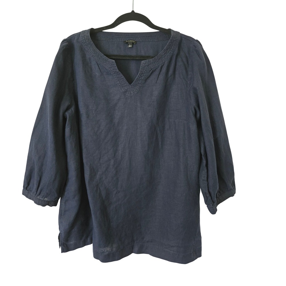 Talbots Womens Navy Blue 100% Linen Split V-Neck 3/4 Sleeve Top Large Coastal